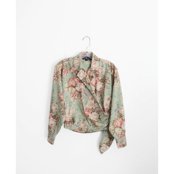 Vtg 80s 90s Ralph Lauren Dusty Green Floral Print Wrap Top + Midi Skirt Set XS 2 - Picture 2 of 8